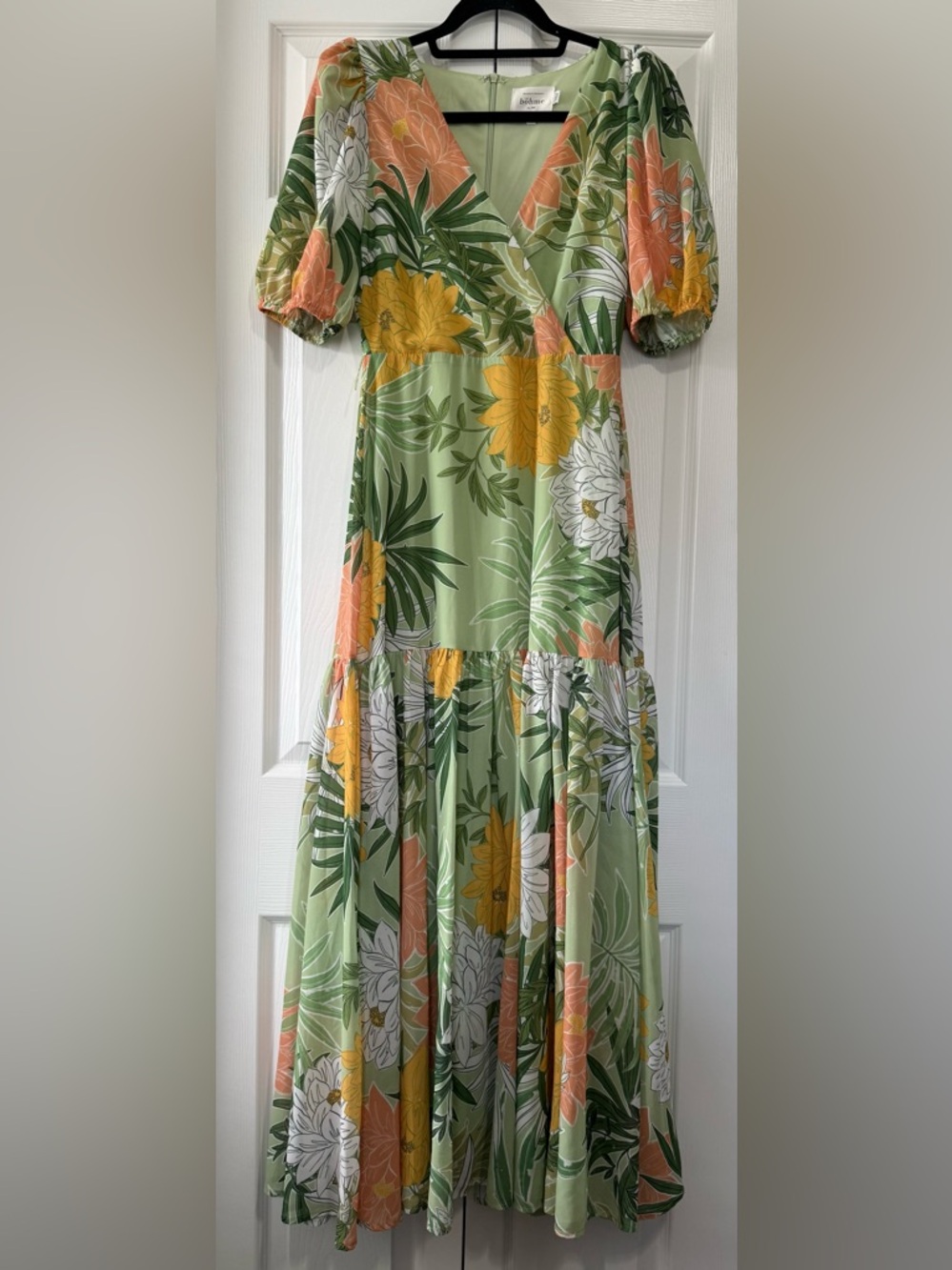 Bohme Tropical Floral Midi Dress Green Puff Sleeve Boho XS